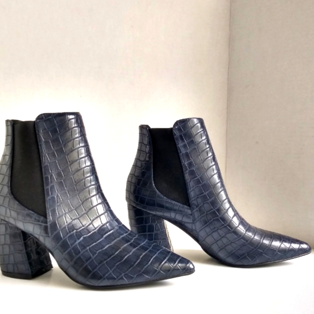 Call It Spring Navy Croc-Embossed Pointed Toe Ankle Boots